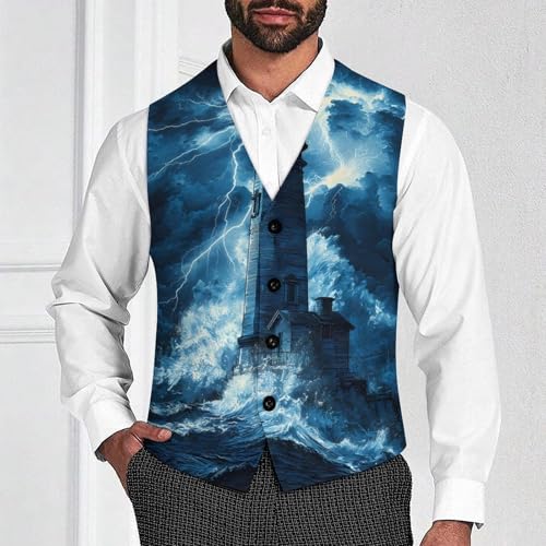 Lighthouse Sea Stormy Suit Vest for Men Slim Fit Sleeveless Jacket V Neck Business Waistcoat Button Up Dressy Top4