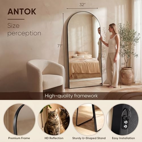 Image of Antok 71 inch x32 inch Arched Full Length Floor Mirror, Black Aluminum Frame, Free Standing /Wall Mount /Leaning for Bedroom, Living Room, Dressing Room