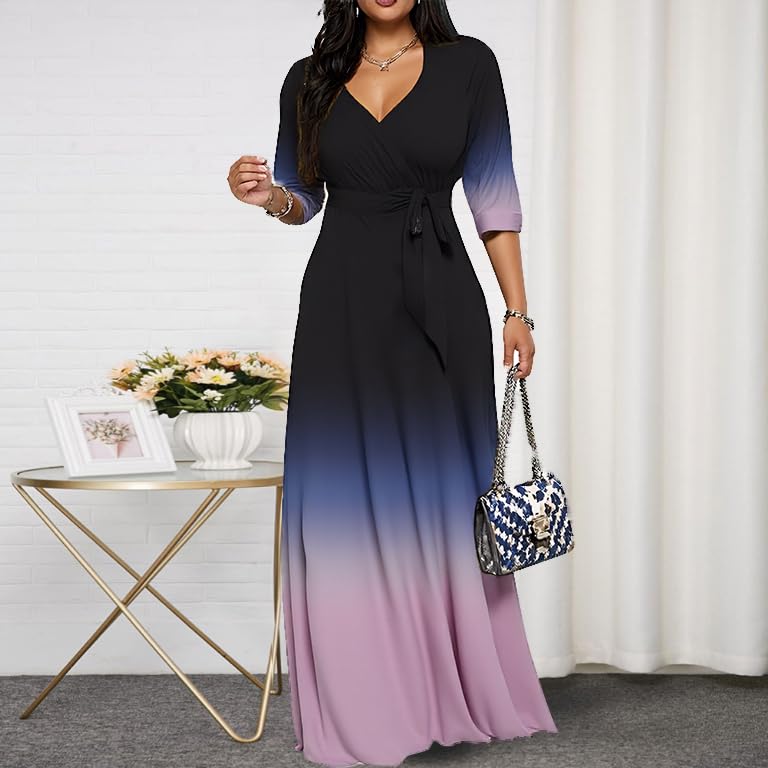 Image of CaniBtr Maxi Dresses for Women Plus Size 3 /4 Sleeve Long Dress with Belt | Versatile plus-size maxi dress,wrap v-neck + waist tie craft soft glamorous looks easily for everyday casual outings