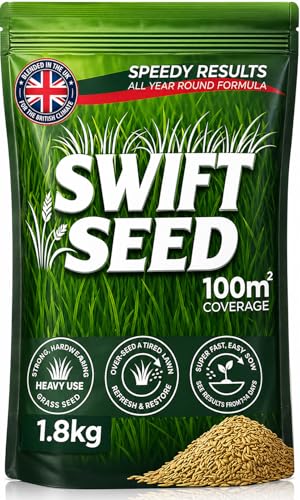 1.8kg Grass Seed by Swift Seed Covers 100m Premium Fast Growing Hard-Wearing Lawn Rapid Growing Germinating Lawns Patch Repair & Overseeding -UK Climate Blend EEC Rule & Standards (All Year 1.8kg)