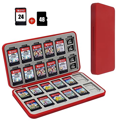 Image of FYY Nintendo Switch Game Case Holder for Switch 2 Cartridge Case with 24 Game Card Slots & 48 Micro SD Card Slots, Hard Shell, Silicone Lining Red