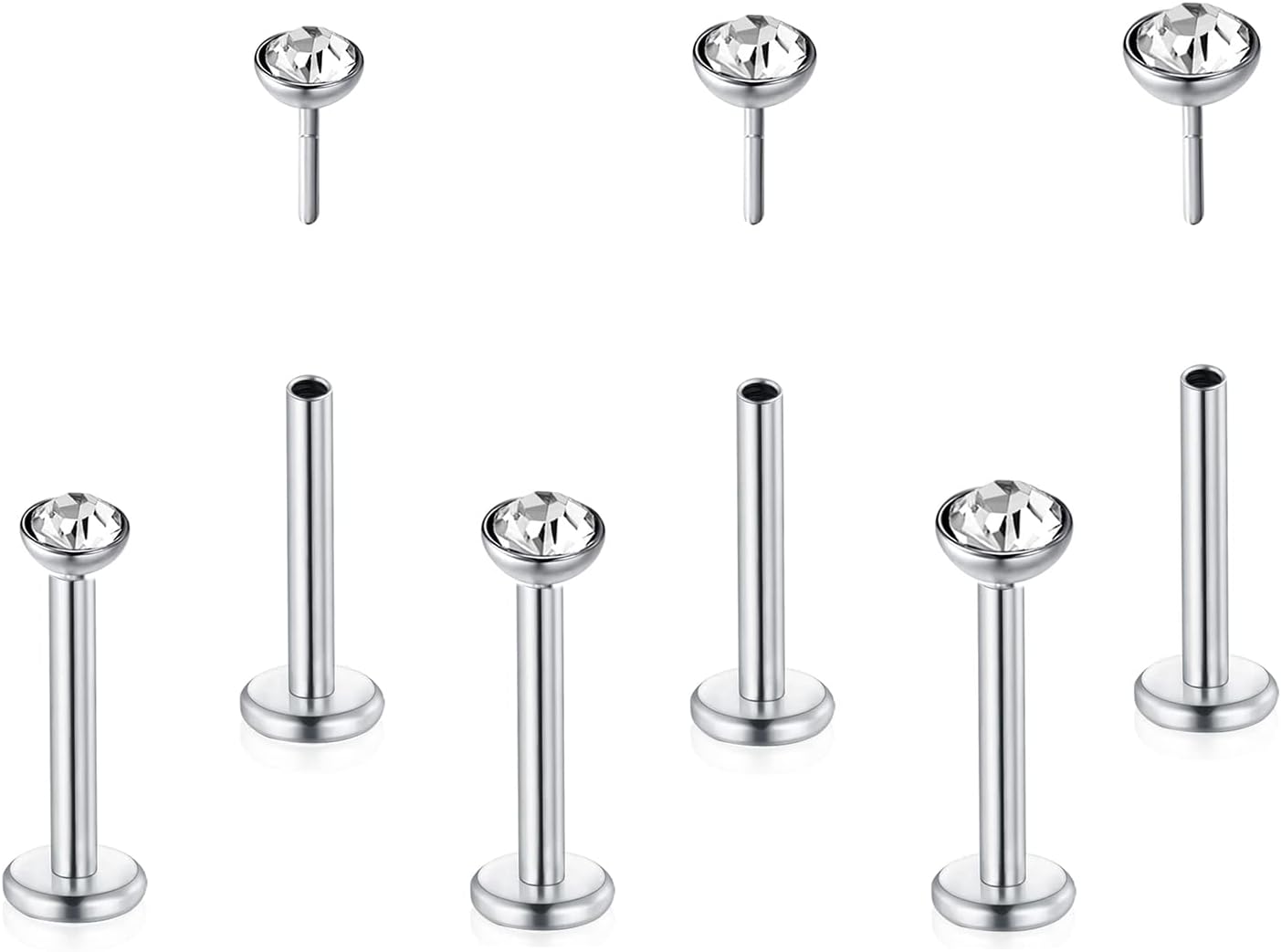 Implant Grade G23 Titanium Lip Studs 2mm 3mm 4mm 3Pcs/6Pcs Cubic Zirconia/Ball Labret Monroe Lip Rings Set 16G 8mm/10mm Helix Nail Cartilage Tragus Threadless Push-in Flat Back Nose Stud Ring Earring Piercing Jewelry