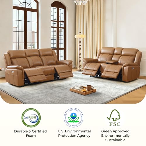 Image of CHITA Leather Power Recliner Sofa Wall Hugger, Saddle, Loveseat