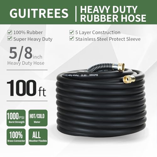 Guitrees 100FT 5/8 Heavy-Duty Rubber Garden Hose - 200psi Working, 1000psi Burst - Hot/Cold Water - Five-Layered Braiding for Durability - Versatile for Gardening, Agriculture, Construction(Black)
