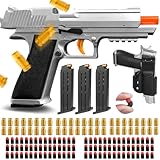 Soft Bullet Toy Gun, Shell Ejecting Toy Pistol with 3 Magazines and 1 Holster, Shooting Games Educational Model Toy Guns for Boys, Best Birthday for Kids (Silver)
