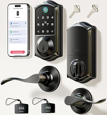Veise VE017-L Fingerprint Smart Lock with 2 Lever Handles, Keyless Entry Front Door Lock Set, App Control, Electronic Digital Keypad Deadbolt, Easy Installation, Emergency Power Port, Matte Black