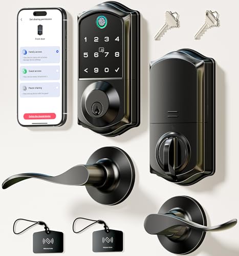 Veise VE017-L Fingerprint Smart Lock with 2 Lever Handles, Keyless Entry Front Door Lock Set, App...