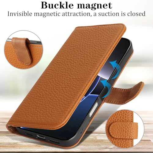 Coque iPhone 16 Pro Max etui portefeuille cuir véritable marron housse protection magnetique - 6