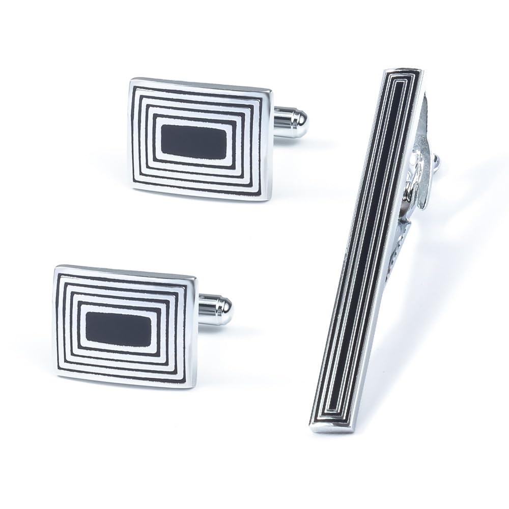 Set di Gemelli con fermacravatta rettangolari in Metallo galvanizzato. Gemelli con fermacravatta.