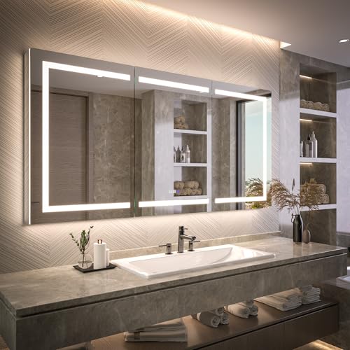 Recessed Medicine Cabinet with Lights, 72x36 Lighted Medicine Cabinet with Mirror, 5XMagnifier, GFCI Outlet, Soft-closed, Front&Backlit, Anti-Fog, Dimmable&Tunable, Sensor Lights, Adjustable Shelves
