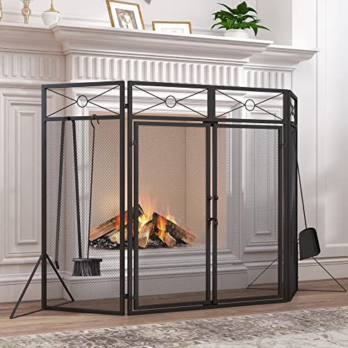 Jaxsunny 48X32 Inch Fireplace Screen 4-Panel Folding Fireplace Screens For Wood Burning Fireplace With 4-Pieces Fire Place Tools Fire Spark Guard, Black #TOP18