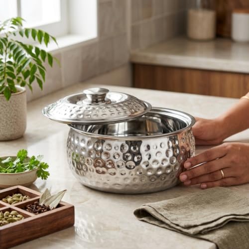 Image of CLASSIC ESSENTIALS Tripot Double Wall Insulated Stainless Steel Pebble Casserole 1500 ml | Hot Pot Food Storage & Serving Container | Thermal Belly Casserole for Roti, Rice, Dal, Curry & Meals