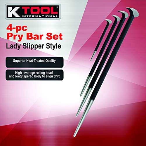 K Tool International 71600 4 Piece Pry Bar Set For Garages, Repair Shops, And Diy, Lady Slipper Style, Heavy Duty Heat Treated Steel, Rolling Head, Organizing Case, Includes Sizes 6", 12", 16", 20" #TOP2