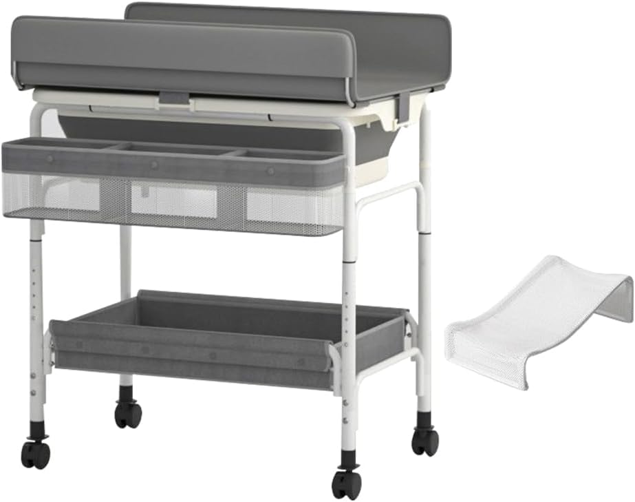 Portable Baby Changing Table with Wheels, Foldable Diaper Change Station, Adjustable Height, Diaper Changer for Newborn Infant, Grey, PVC, Pad