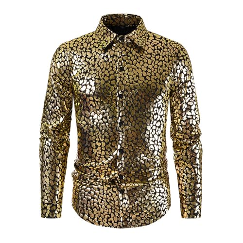 YOSUWOAI Chemise disco en cuir de serpent pour homme - Bronzing - Brillante - Chemise d'affaires - Chemise à manches longues - Boutonnière - Coupe clubwear - Chemise brillante pour fête à thème