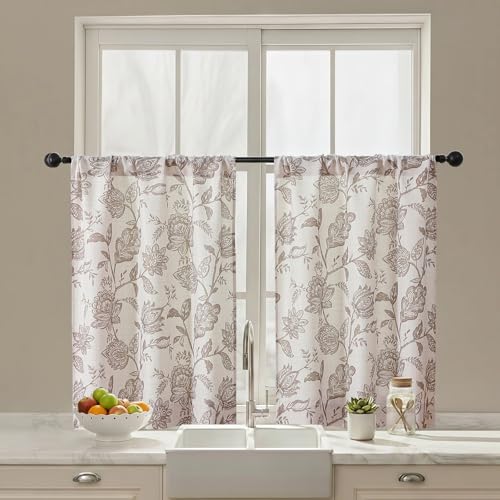 Ebesto Floral Short Curtains for Windows - Faux Linen Textured Small Kitchen Window Curtains Over Sink, Light Filtering Short Curtains Tiers for Bathroom Basement, 2 PCS, Each 30Wx36L, Taupe