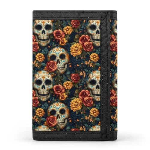 Floral Skull A Print Wallet for Men, 8 Credit Card Holder Slim Minimalist Front Pocket Small Mens Bifold Wallets
