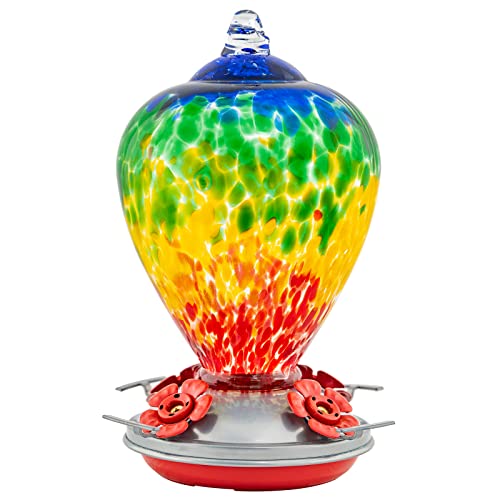 LaElvish Garden Hummingbird Feeders, 34OZ Hand Blown Glass Hummingbird Feeder for Outdoors Hanging with Ant MoatHooks, Perfect for Gardening Yard Patio Decor Gifts (Rainbow)