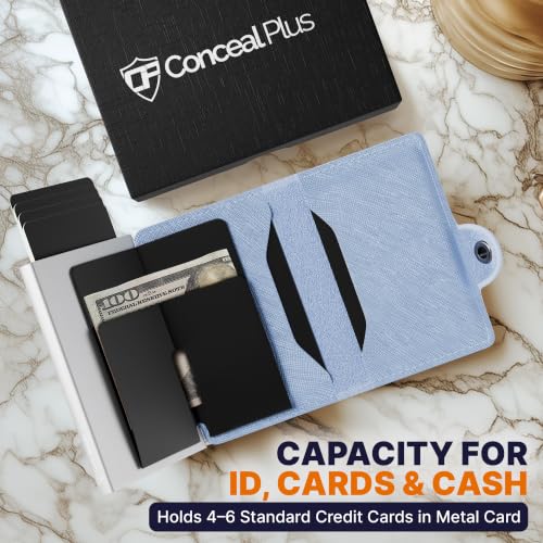 Image of Conceal Plus Small RFID Pop Up Wallet for Women | Slim Minimalist Metal Card Holder 4-6 Card Capacity | Compact Travel Wallet with RFID Blocking Security | Saffiano Sky Blue