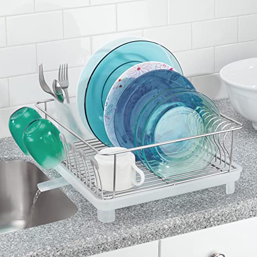 Image of mDesign Alloy Steel Sink Dish Drying Rack Holder with Plastic Swivel Spout Drainboard Tray - Dish Rack /Dish Drainer Storage Organizer for Kitchen Counter - Concerto Collection, Chrome /Clear