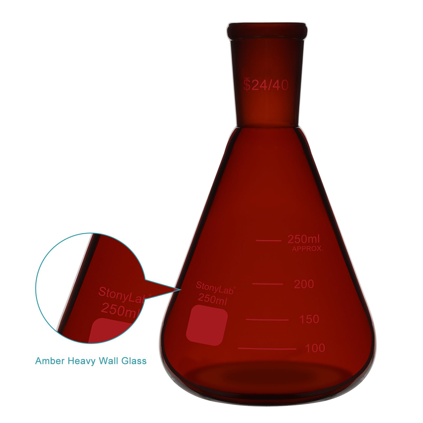 stonylab Matraccio Erlenmeyer Ambra con Giunto Esterno Conico Standard 24/40, Matraccio in Vetro Borosilicato a Parete Spessa, 250 ml, Ideale per Mescolare, Riscaldare e Esperimenti in Laboratorio