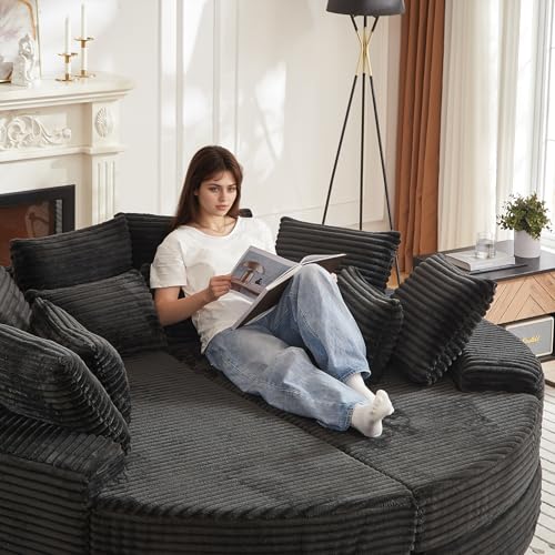 Image of 78'' Oversized Round Sleeper Sofa Bed, Convertible Circle Chaise Lounge Chair Indoor, Modern Fluffy Plush Corduroy Cloud Boneless Couch, Assembly Free, Comfy Bean Bag for Living Room, Black