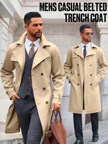 Image of Runcati Mens Trench Coat Double Breasted Notched Lapel Casual Belted Windbreaker Fall Classic Long Jacket Overcoat