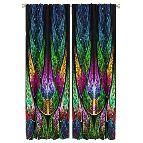 Abstract Art Window Curtains,Fractal Geometry Pattern in Stained Glass Style Room Darkening Door Window Rod Pocket Curtain for Living Room Bedroom Dining Room, 2 Panels W42xL63in