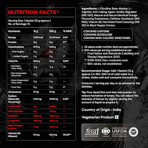 Image of Nutrabay RageX Pre Workout Supplement Powder - 180g (15 Sachets), Orange | 200mg Caffeine, 4g Beta Alanine, 6g L-Citrulline, 600mg L-Arginine, & Black Pepper | Muscle Pump & Performance