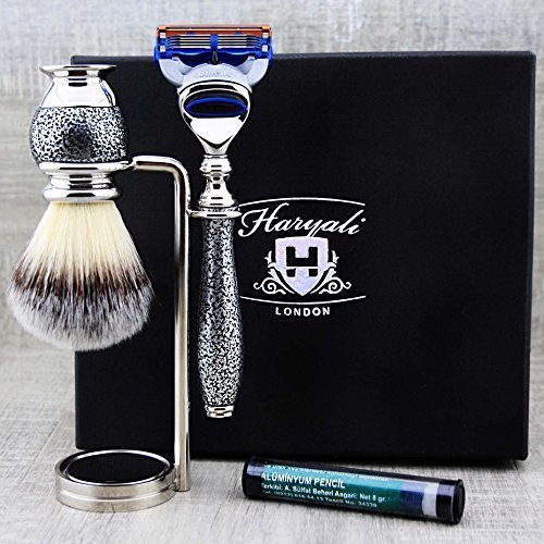 Haryali London Silver Antique męski zestaw do golenia 5 krawędzi brzytwy, pędzel do golenia, stojak na golenie i ołówek Alaun Pencil