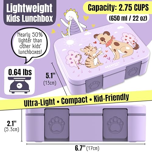 Image of BEARFOOT Kids Lunch Box with Compartments - Compact & Lightweight | Leak-Proof, BPA-Free, Dishwasher Safe | Hand-Drawn Design for Preschool, School, Travel (Dog & Cat Purple, 2.75 Cups)