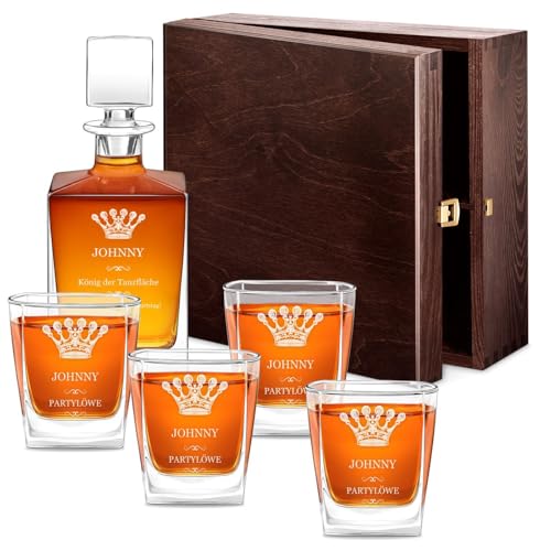 Maverton Whisky Karaffe 810 ml + 4 / 6er Whiskygläser Set mit Gravur - Whisky Dekanter mit Gläsern 250 ml für Männer - personalisiertes Whiskey Set für Whiskyliebhaber - Partylöwe