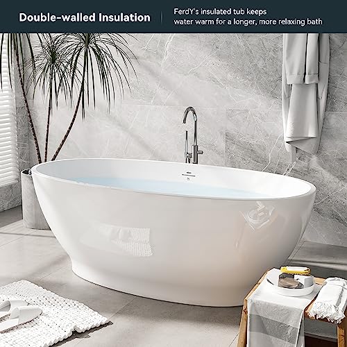 Ferdy Koh Samui 65" Freestanding Bathtub, Elegant Oval Shape, Double Walled Insulation Bathtub With Center Brushed Nickel Drain & Minimalist Linear Design Overflow #TOP1