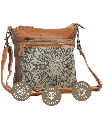 Myra Bag Dizzy Circle Boho Purses for Women - Canvas Crossbody Bag with Buffalo Leather Detailing, Small Boho Handbags for Women, Mandala Geometric Pattern, Ladies Bohemian Purse for Work, College