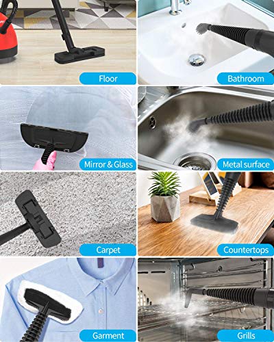 KUPPET 1500W Multi-Purpose Steam Cleaner with 13 Accessories, 1.2L Tank Household Steamer for Rolling Cleaning, Pressurized Steam Cleaning for Most Floors, Carpet, Windows, Cars, Red