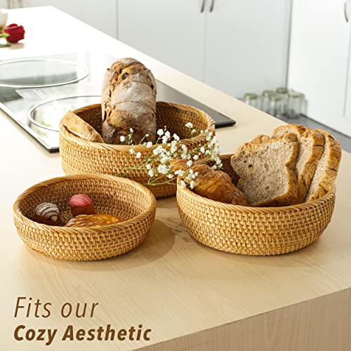 Tkkdecor Set 3 Round Rattan Baskets Set For Organizing - Bread Wicker Storage Basket Serving Decorative Tray Gift Baskets Empty - Countertop Baskets For Pantry Bathroom Set Shelf Organizer #TOP4