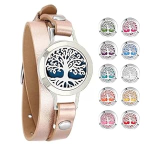 Aromatherapy Essential Oil Diffuser Bracelet,Tree of Life Pattern Stainless Steel Locket Leather Band for Women