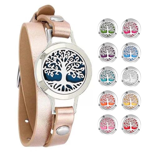 Aromatherapy Essential Oil Diffuser Bracelet,Tree of Life Pattern Stainless Steel Locket Leather Band for Women