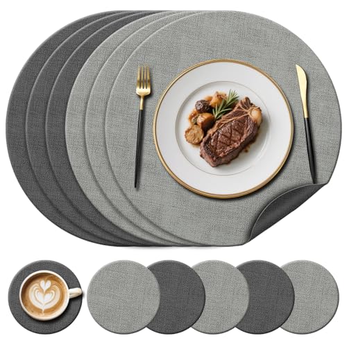 Image of YUNJUER 6 Round Leather Placemats(38cm) and 6 Coasters(10cm) Set, Heat-Resistant 212°F Placemat, Non-Slip & Washable, Dual-Sided Table Mat for Kitchen, Restaurant, Glass Dining Table, (LightGrey/Grey)