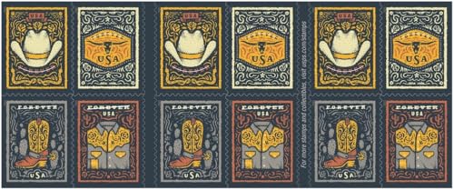 Image of USPS Western Wear (Cowboy Hat, Belt Buckle, Cowboy Boot with Spur, Western Shirt) (Booklet of 20) Postage Forever Stamps 2021 Scott #5615-5618