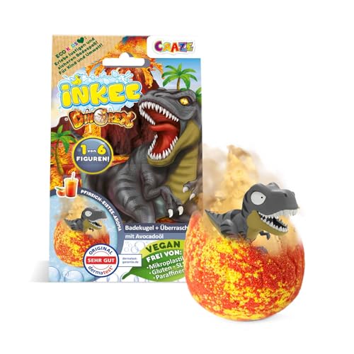 INKEE SURPRISE DINO Badekugel Kinder mit Überraschung, Ei-Form Badebombe Kinder 100g mit Dinosaurier Figuren, Pfirsich-Eistee Aroma und Avocado-Öl