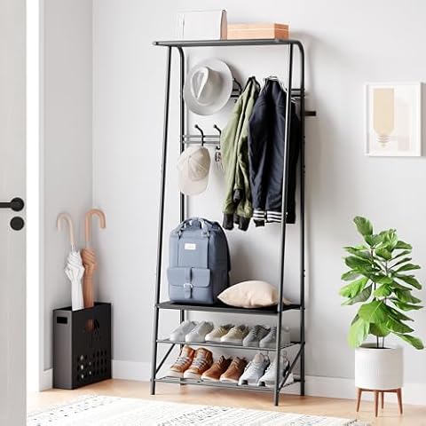 coucheta Coat Rack, 4-In-1 Hall Tree, Entryway Shoe Bench Coat Standwith Metal Frame, 3-Tier Shelf and 10 Hooks for Entryway,Hallway, Bedroom Cover