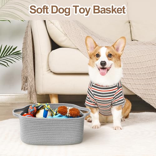 Image of Cute Gray Gift Basket, Woven Baskets for Gifts Empty, Cotton Rope Storage Bin for Organizing, Kids Cat Dog Toy Box, Baby Nursery Organizer, Wicker Easter Basket with Handle, Grey Room Decor