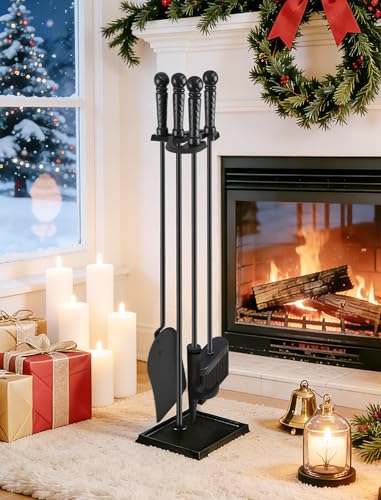 FEED GARDEN Fireplace Tools Set Modern Indoor Outdoor Wrought Iron Fireplace Accessories Set Included Poker, Shovel, Brush, Base