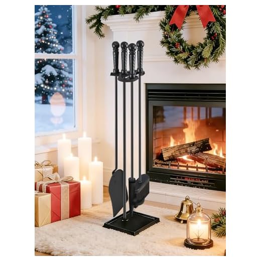 FEED GARDEN Fireplace Tools Set Modern Indoor Outdoor Wrought Iron Fireplace Accessories Set Included Poker, Shovel, Brush, Base