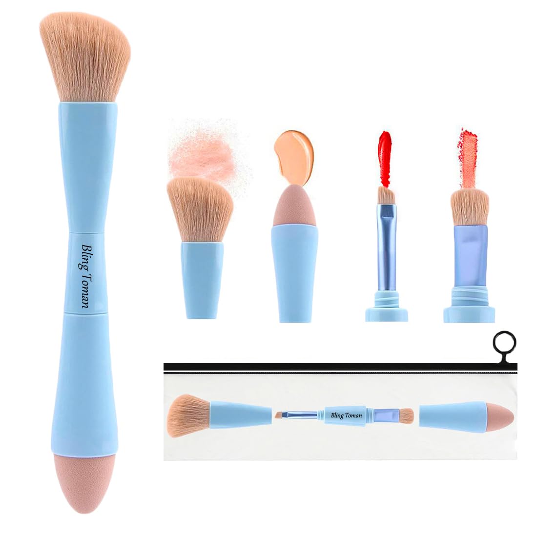 4 in 1 Makeup Brush, Eyeshadow Eye Lip Face Concealing Blush Foundation Brush All in One Retractable Travel Size Makeup Brush Set (rose gold brush)