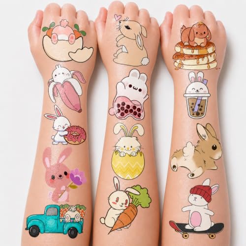 Bunny Temporary Tattoos for Kids - 8 Sheets (85 PCS) Cute Rabbit Stickers