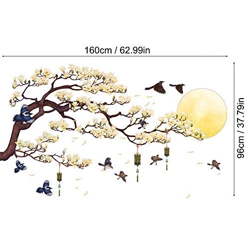 Amaonm Chinese Style Yellow Flowers Brown Tree And Flying Birds Moon Wall Stickers Removable Diy Wall Art Decor Decals Murals For Offices Home Walls Bedroom Study Room Wall Decaorations #TOP1