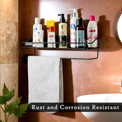 Image of Kuber Industries Pack of 2 Metal Bathroom Shelf for Wall - Washroom Organizer Shampoo Holder Stand & 14 Inch Kitchen Storage Rack - Black