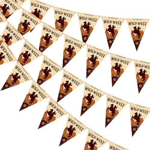 Wild West Themed Pennant Bunting - 24Pcs Western Party Decorations with Cowboy Bucking Bronco Design Cowboy Horse Racing Triangular Banner for Birthday Party Suppiles